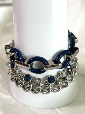 Lia Sophia SilverTone & Navy Blue Multi- Strand Statement Bracelet Chain Crystal